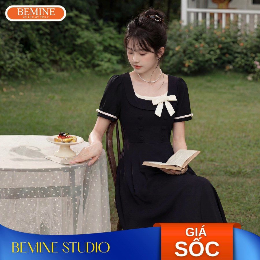 BEMINE เดรสดีไซน์คอเหลี่ยมและชายโบว์ทรงเอเหมาะสําหรับออกไป-B704