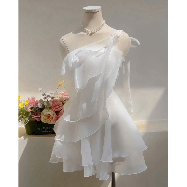 TN4 WHITE CANDLE SILK DRESS พร้อมไหล่สลักและผูกโบว์สําหรับ GOING OUT, PARTY, การเดินทางและวันเกิดชุด