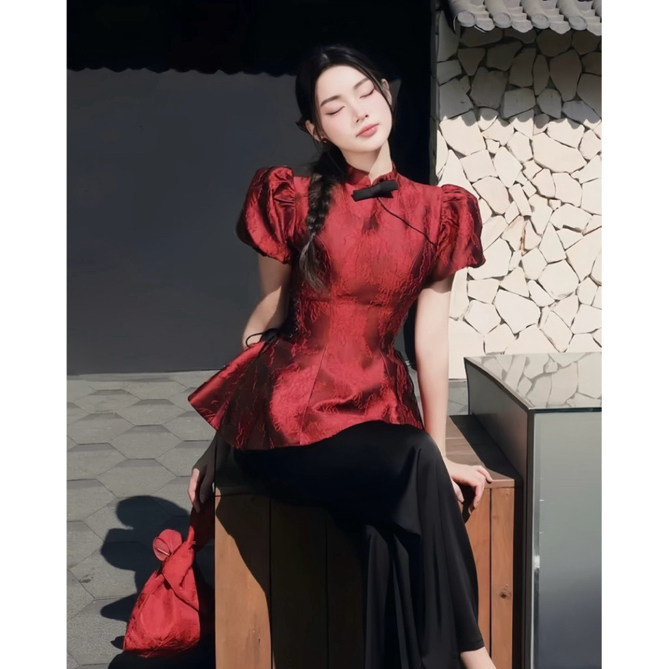 BECHIC SET ชุดเสื้อเชิ้ตผ้าจับจีบแขนพัฟและกางเกงบาบาขากว้างเพื่อออกไปสําหรับเทศกาลฤดูใบไม้ผลิ 2026