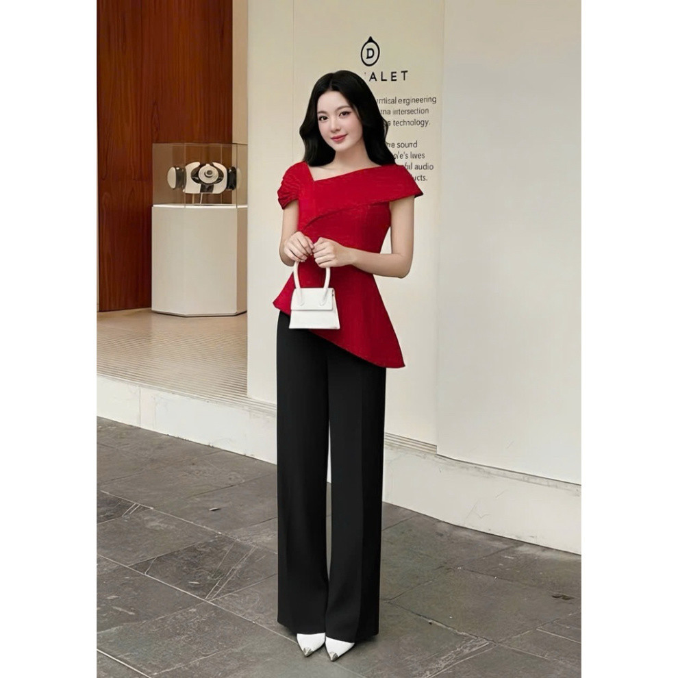 Bechic Office Set เสื้อกันฝน Peplum สีแดงพร้อมกางเกงขาตรง Flattering