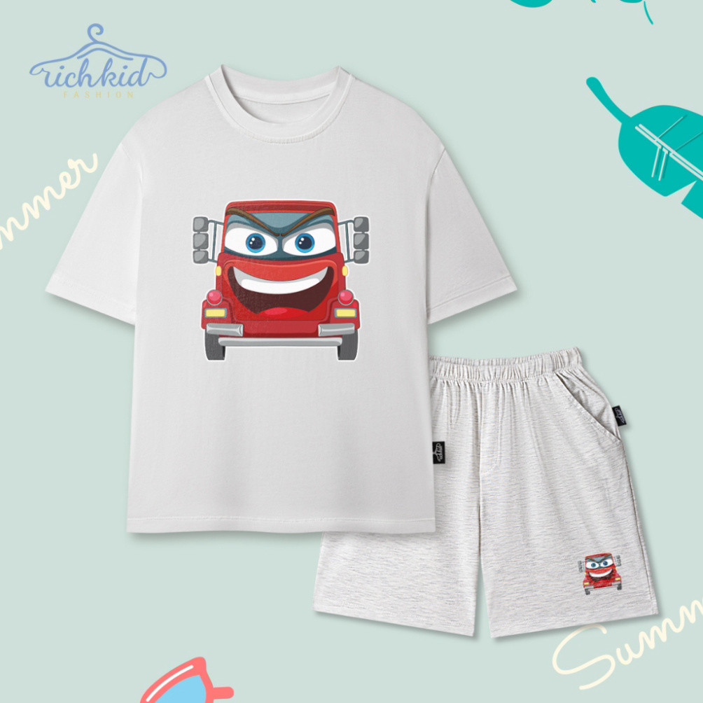 (UPGRADE VERSION) ชุดเสื้อผ้าแขนสั้นผ้าฝ้ายเด็กชาย/หญิง เนื้อนุ่ม โปร่ง มีรูปร่าง CAR (O2)