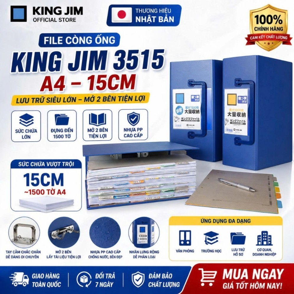 King Jim 3515 A4 15 ซม.ไฟล์ข้อมือหลอด – ฝาครอบข้อมือที่เก็บแผ่น 1500 เปิด 2 ด้าน พลาสติก PP คุณภาพสู