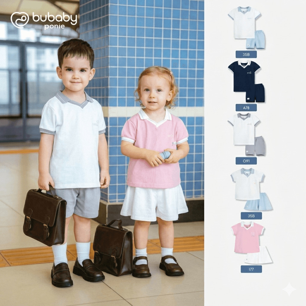 BU Baby (6M-5Y) คุณภาพสูง Active ฤดูร้อน V คอโปโลแขนสั้นเสื้อผ้าชุดสําหรับ Ponie - PPN13060
