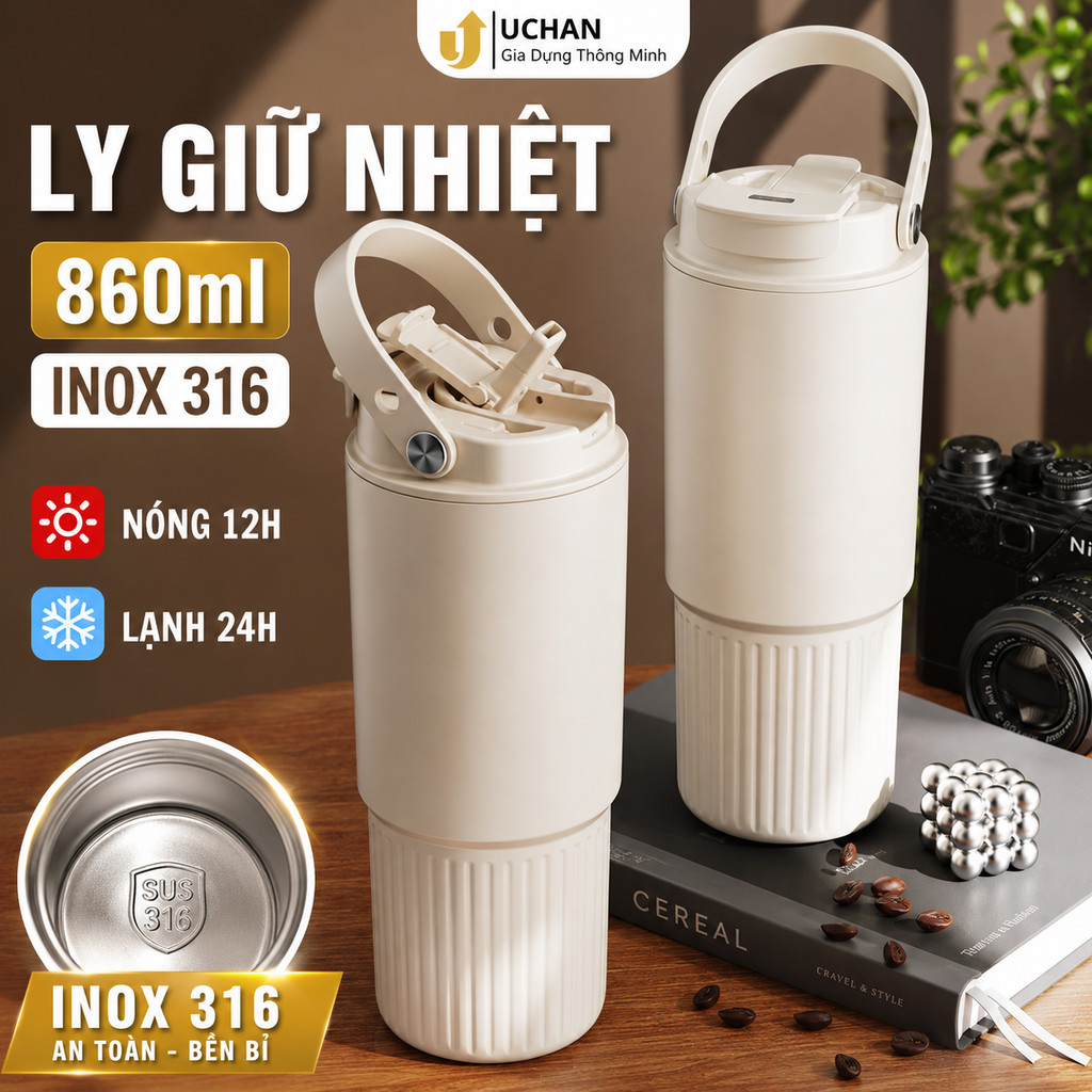 Uchan พรีเมี่ยม 316 ถ้วยเก็บความร้อนสแตนเลส ถ้วยเก็บความร้อน 24 ชั่วโมง พร้อมหลอดกรอง 860ml LY10