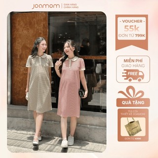 [Bestseller] Váy Bầu Đầm Bầu Joamom Cotton Kẻ Hàn Cổ Lá Sen Thanh Lịch Cotton Hàn Cao Cấp - JBVB121
