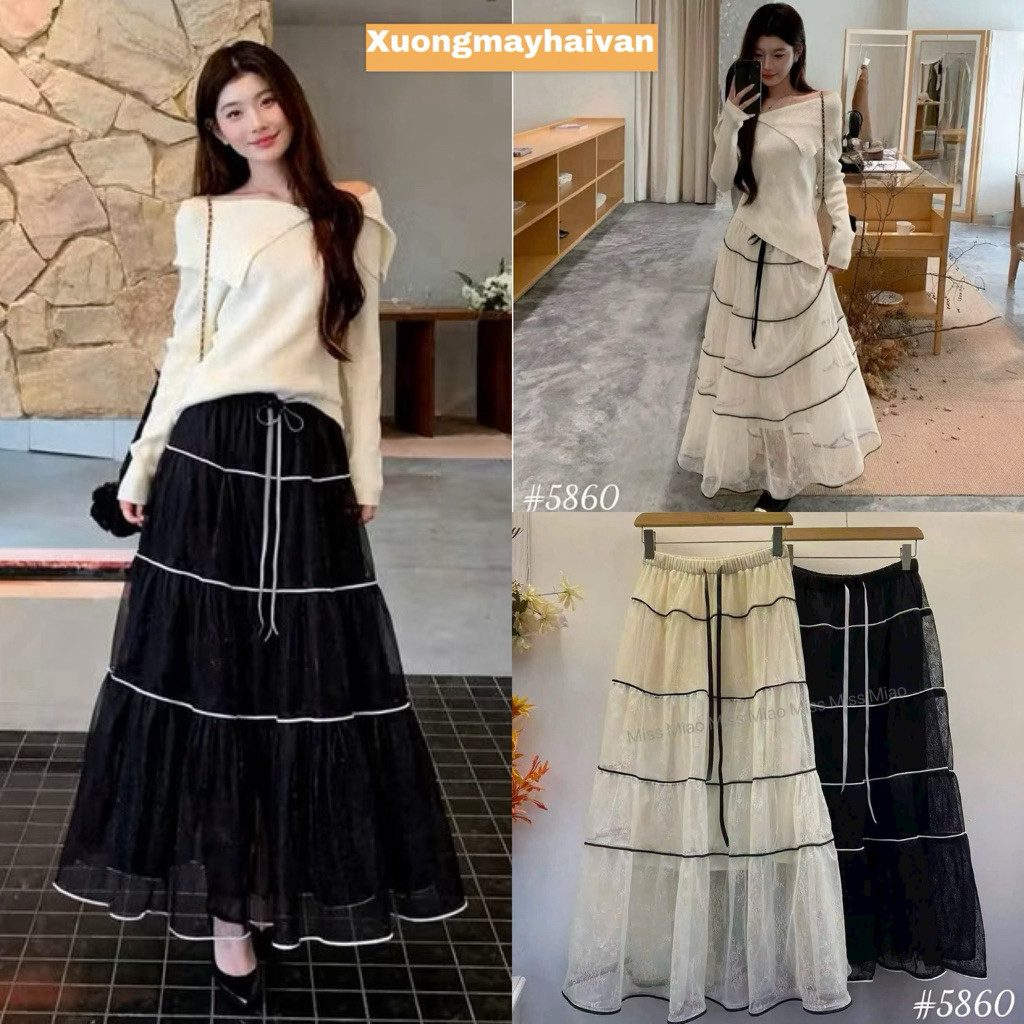 HV - [สินค้ากวางโจว/5860]กระโปรงยาวแม็กซี่สีเบจสีดํา by Trang Chavi Shop