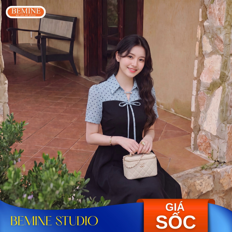 BEMINE เดรสดีไซน์คอปกเชิ้ตลายจุด ทรงเอ เหมาะสําหรับทํางาน-B662