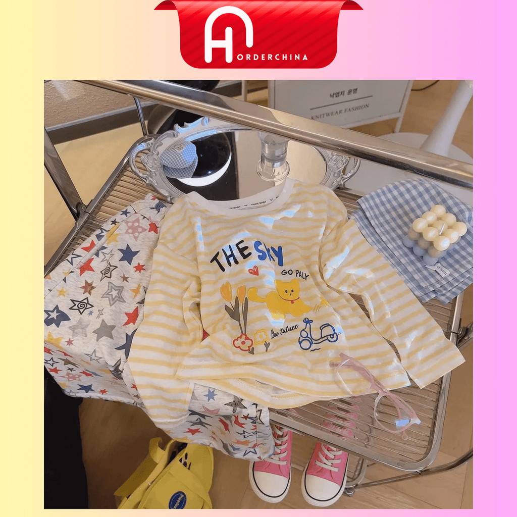 ชุดเสื้อเชิ้ตลายสก๊อตแขนยาวกระดาษ The Sky ลายกระต่ายแมวน่ารักสําหรับเด็กผู้หญิง E289 - HNOrderChina