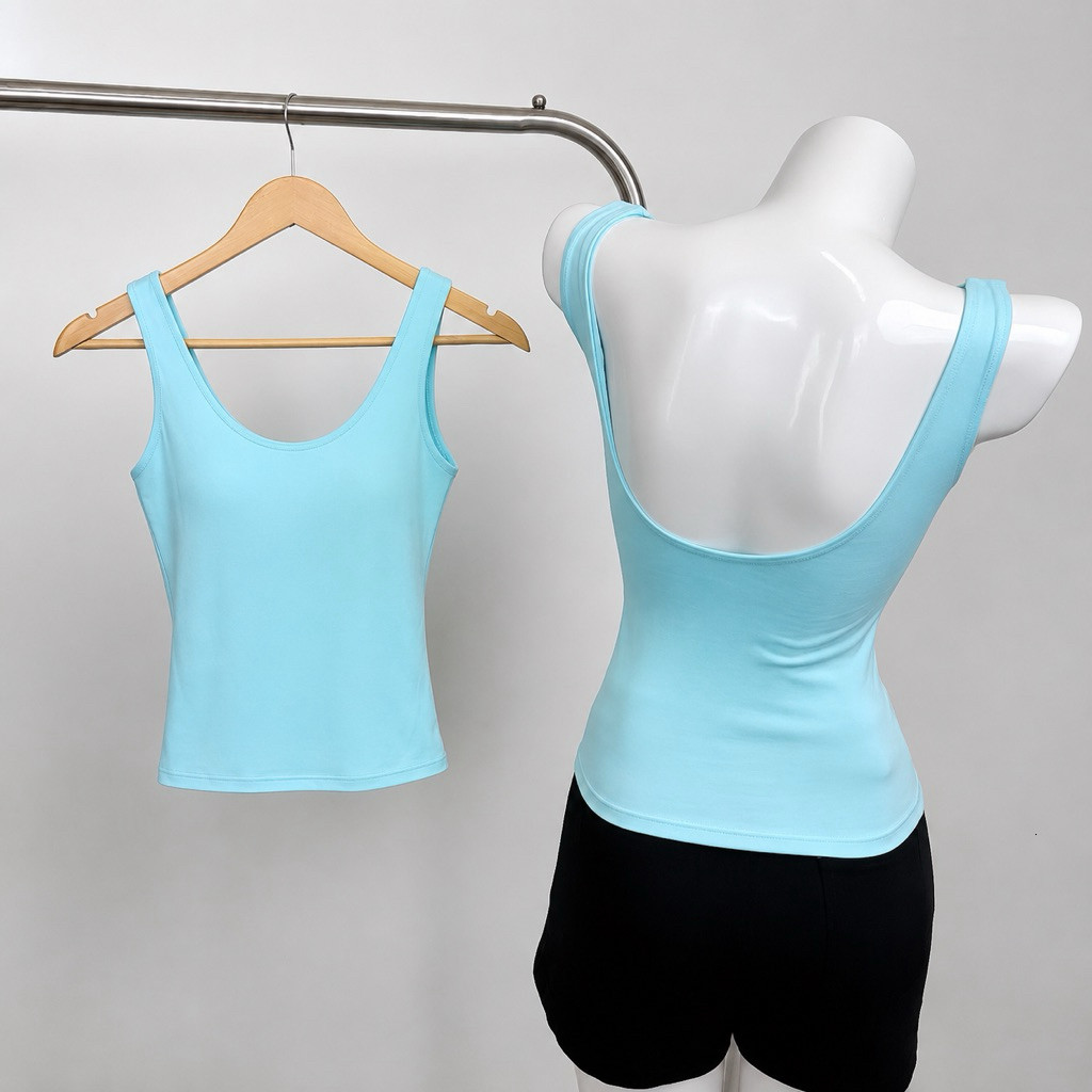 เสื้อคอยูเว้าหลัง 3 รู ทรงพอดีตัว ผ้าคอตตอนเนื้อเรียบ [FOAM INCLUDED] A012 Shop Bo Store