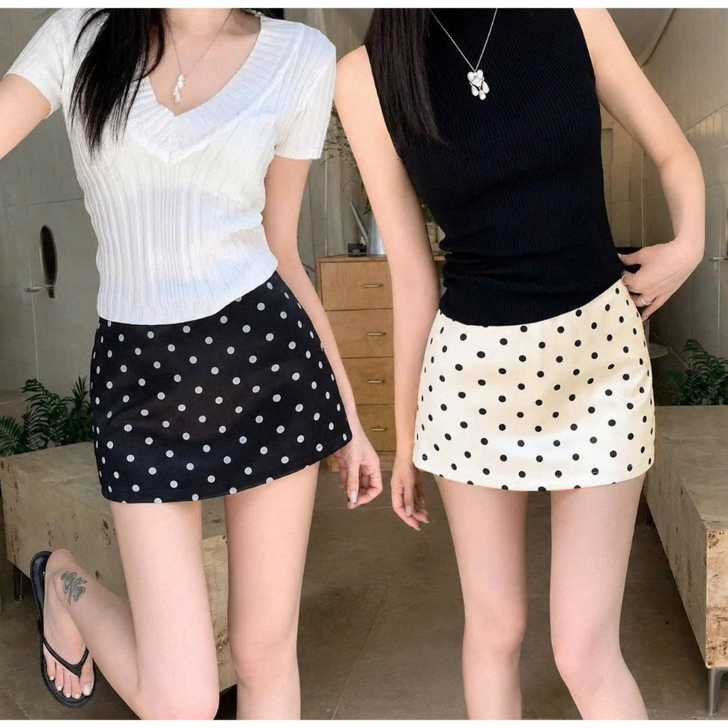 Y2K สไตล์กระโปรงผู้หญิงต่ําเอว Polka Dot รูปแบบ A-Line ซิปด้านใน V010 Shop Bo Store