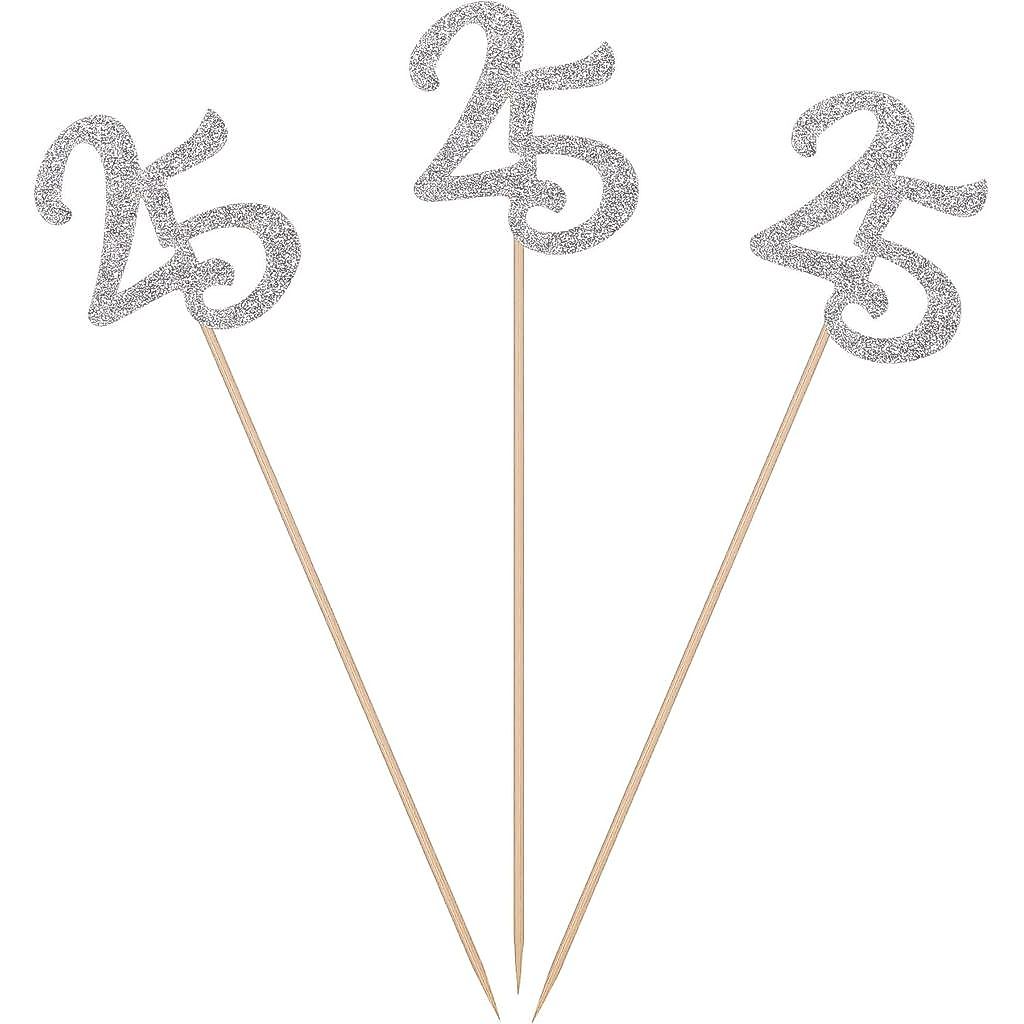 แพ็ค 10 Silver Glitter 25th Birthday Centerpiece Sticks หมายเลข 25 ตาราง Topper อายุตกแต่งตัวอักษร