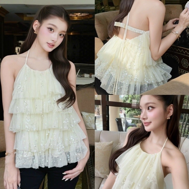 บน สายเดี่ยวปักเลื่อมสุดเก๋อ่อนเยาว์และน่ารักเปิดหลัง
