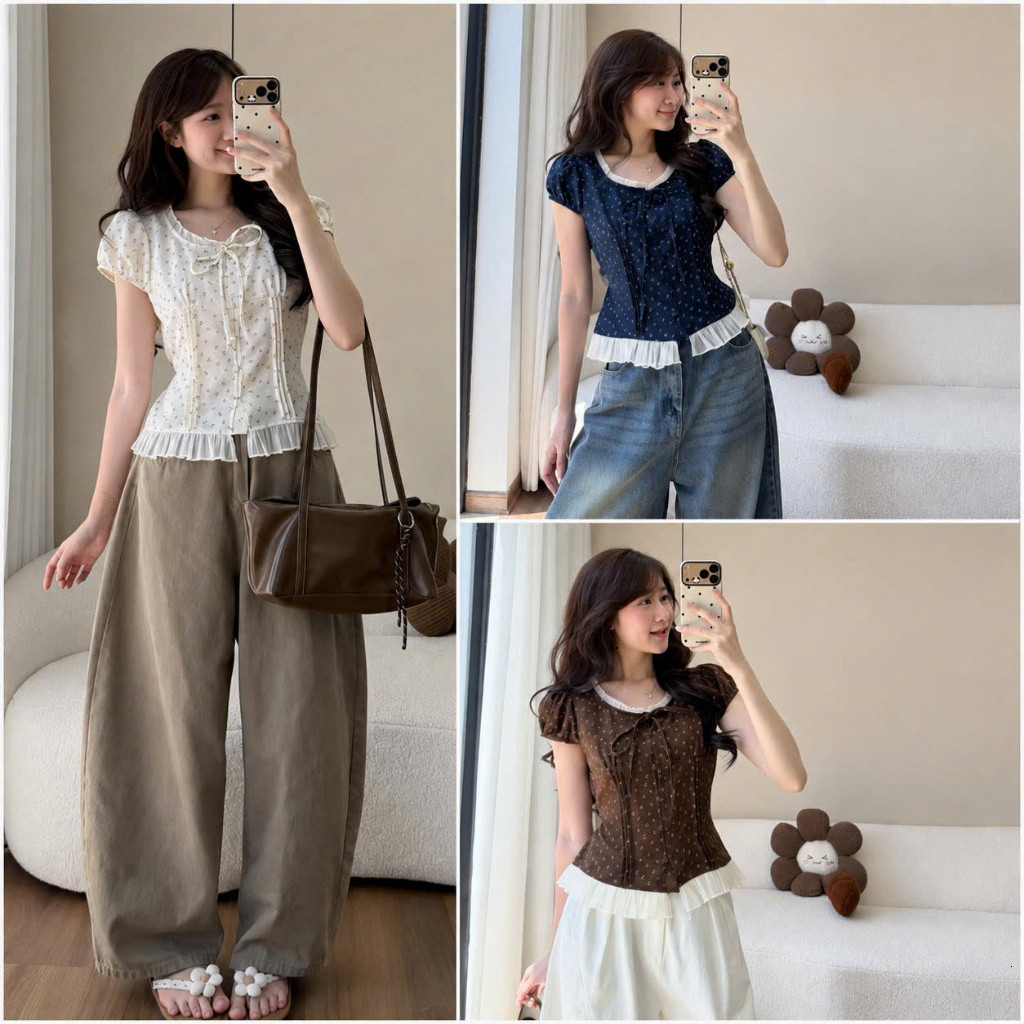 เสื้อเชิ้ตลายดอกไม้ Babydoll คอปกชายระบายและโบว์ SHEES.CLOTHING MA9270