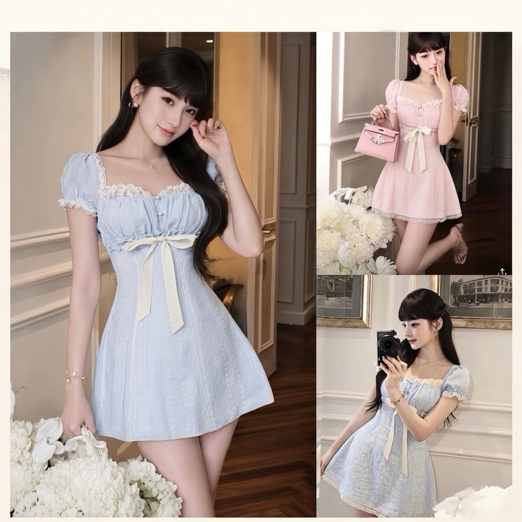 [BIG SIZE FAT CAT]FLOWER LACE DRESS SHORT SURGERY BREAST WITH BOW FORM BIGSIZE 60-110KG V048