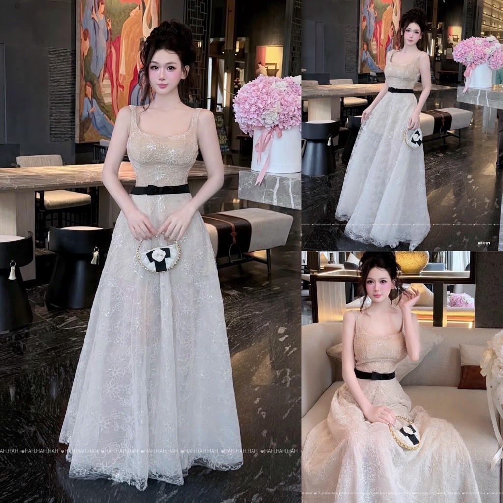 HBB171 เดรสปาร์ตี้ลูกไม้สองสายคอเหลี่ยมทรงแม็กซี่เอวโบว์หรูหรากางเกงในป้องกัน