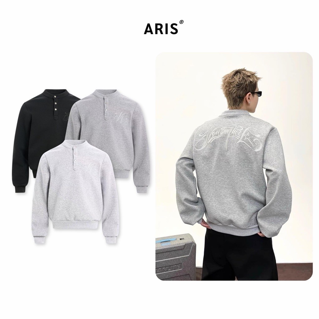 ARIS.STU Boxy Form 2-Skin ปักคอปกเสื้อกันหนาวสําหรับผู้ชายและผู้หญิง Unisex Local Brand - SWT04