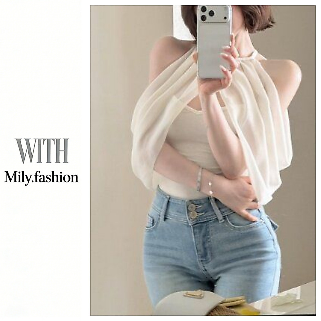 Milyfashion ปลอมสองชิ้น Halter คอสลิงสวมใส่ด้านนอก Pure Desire เสื้อคลุมสไตล์แขนกุดสั้นด้านบน Y2K บั