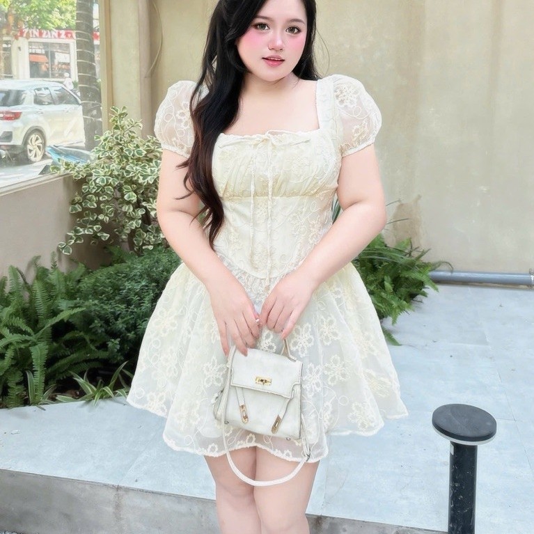 ชุดเดรสปาร์ตี้ลูกไม้ไซส์ใหญ่คอเหลี่ยมและเดรสจับจีบสั้น L-XXL 60-90kg
