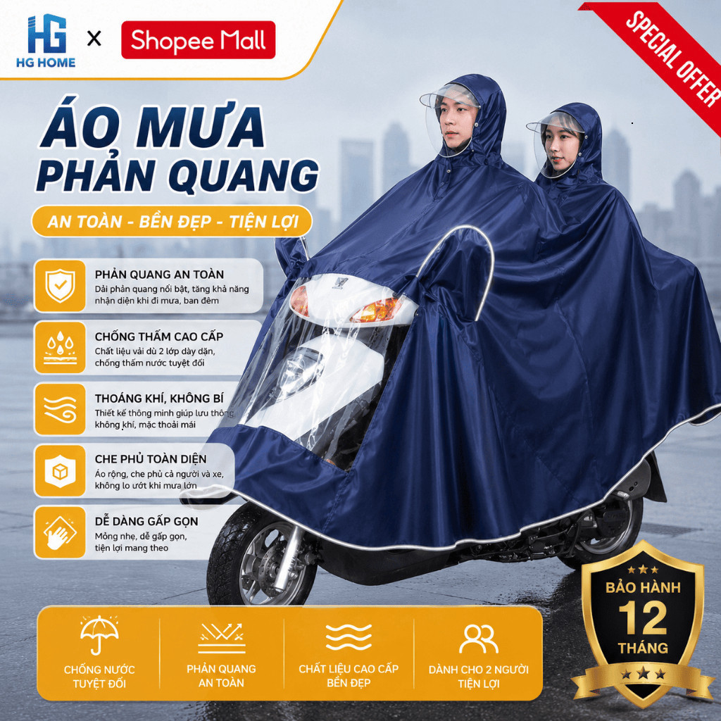 HGHOME เสื้อกันฝนสะท้อนแสง 1-Person และ 2-Person Full Body Coverage พร้อมแผ่นกันฝนที่สะดวก [สินค้าดี