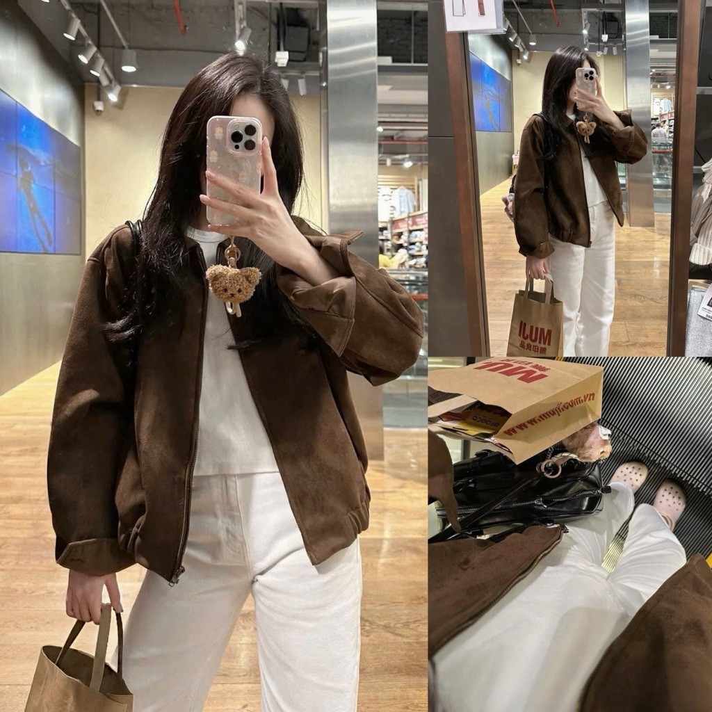 Basic TRACOS JACKET เสื้อแจ็คเก็ตหนังกลับมีซิปธรรมดาพร้อมคอปกเปิดลง