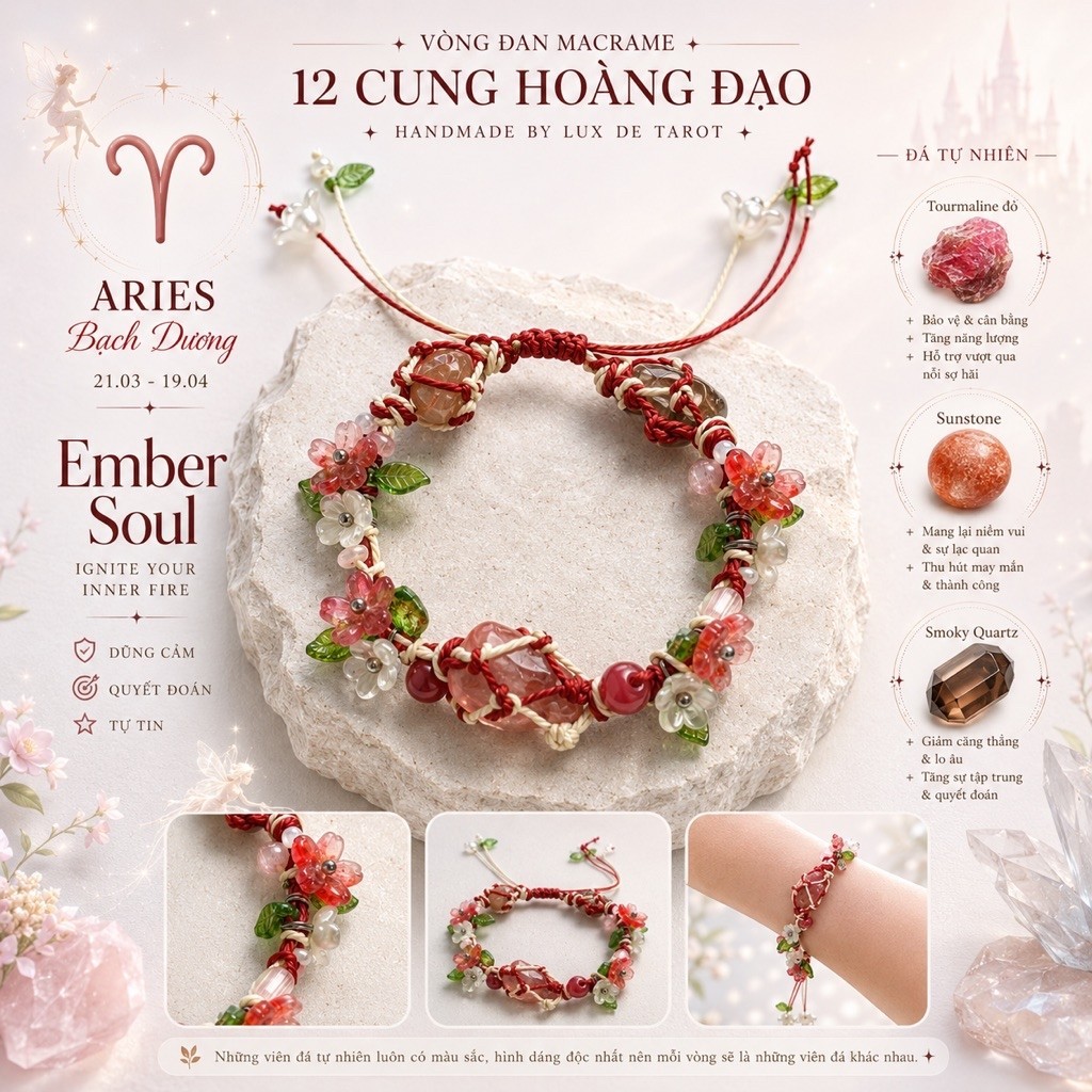 (แถมพวงกุญแจ) สร้อยข้อมือ Aries Ember Soul Macrame - สร้อยข้อมือราศีแฮนด์เมด 12 โดย Lux De Tarot