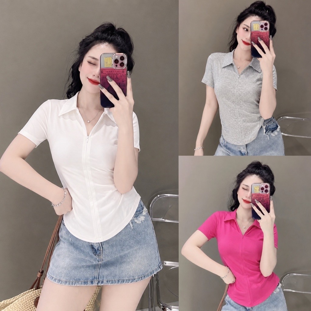 เสื้อยืดผู้หญิงคอปกและซิปแบบบาง (ซิป M Po Lo B56)