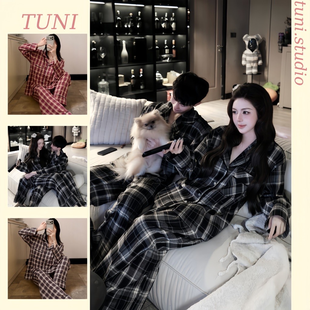 Tuni.studio ชุดนอนคู่สําหรับผู้ชายและผู้หญิงพร้อมผ้าลายสก๊อตและเฮมสวย PJMD01