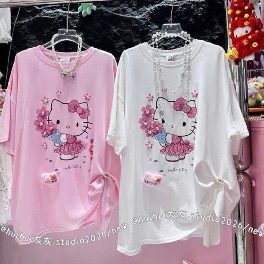 HUI HUI Newtag เสื้อยืดคิตตี้ สีขาว ลายหลวม