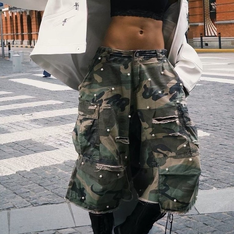 Y2K Streetwear Style Camo Ripped Pocket Pants with Pearls MI STORE