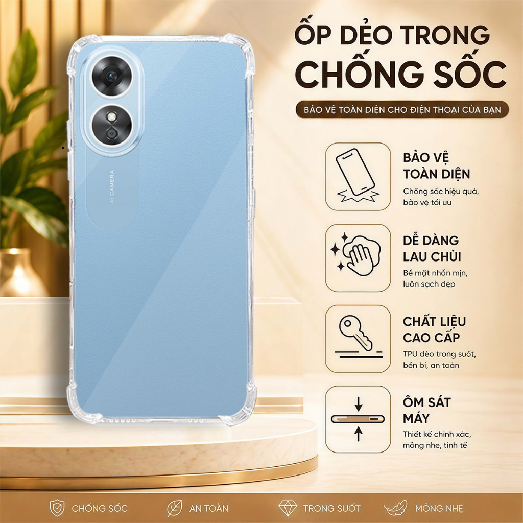 เคสกันกระแทก Oppo A17, A58, A60, A78, A58 5G, A78 5G, A98, A1 5G โปร่งใส ซิลิโคนหนาแท้ - HD STORE