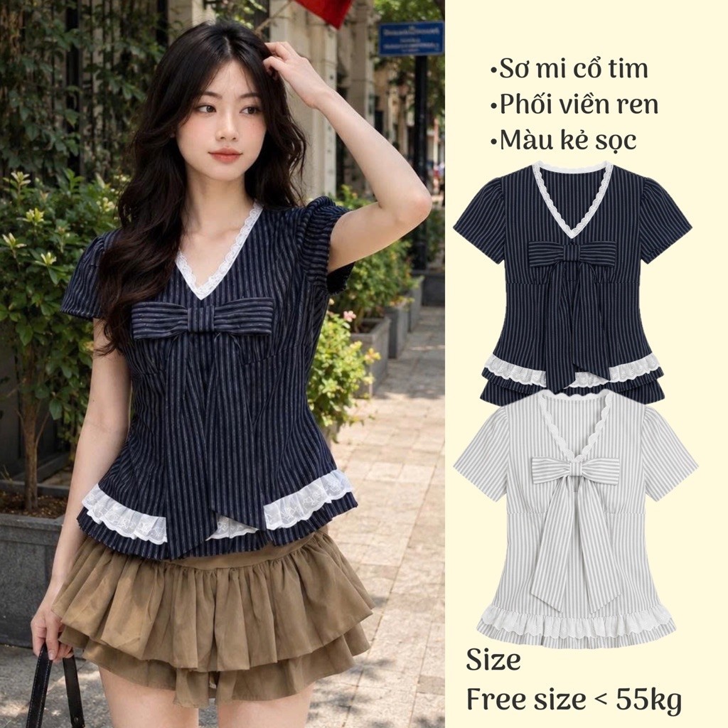 เสื้อคอปกลูกไม้ผูกโบว์ใหญ่ที่อก เสื้อแขนกุดลายทางเกาหลี New LOVITY SMS565