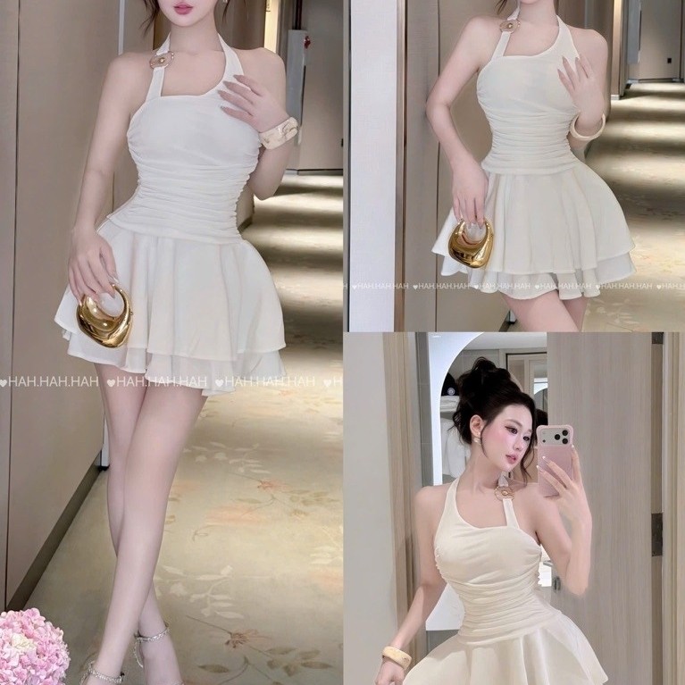 HBB166 เดรสคล้องคอติดกระดุมบานสั้น กางเกงชั้นในป้องกัน