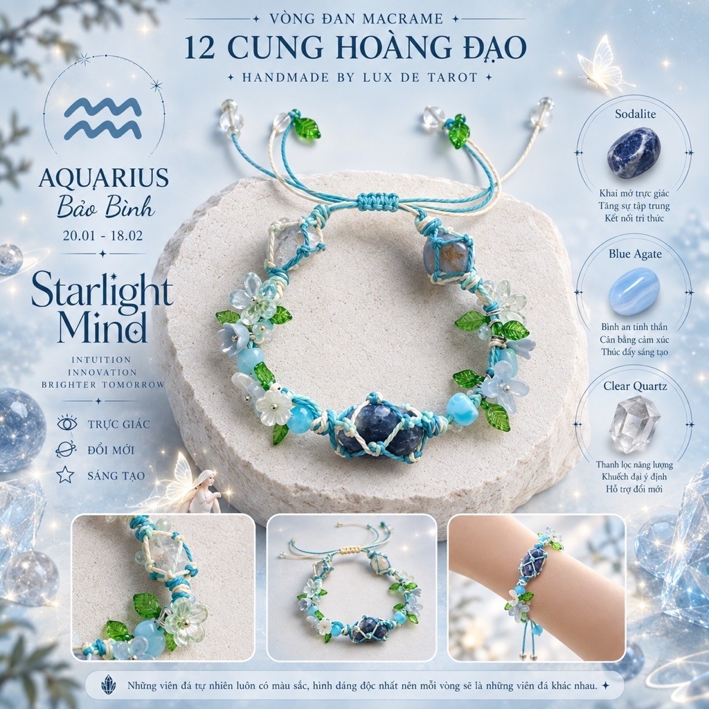 (แถมพวงกุญแจ) สร้อยข้อมือ Aquarius Macrame - สร้อยข้อมือราศีแฮนด์เมด 12 โดย Lux De Tarot