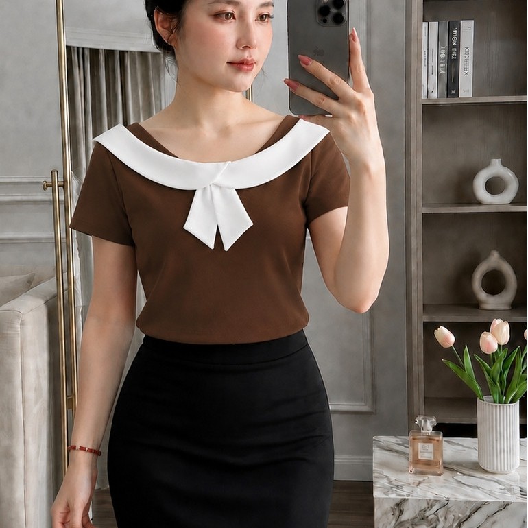 ผู้หญิง SAILOR NECK DRESS WITH BOW - ELEGANT, FEMININE, EASY TO MATCH, สไตล์เกาหลี Y57
