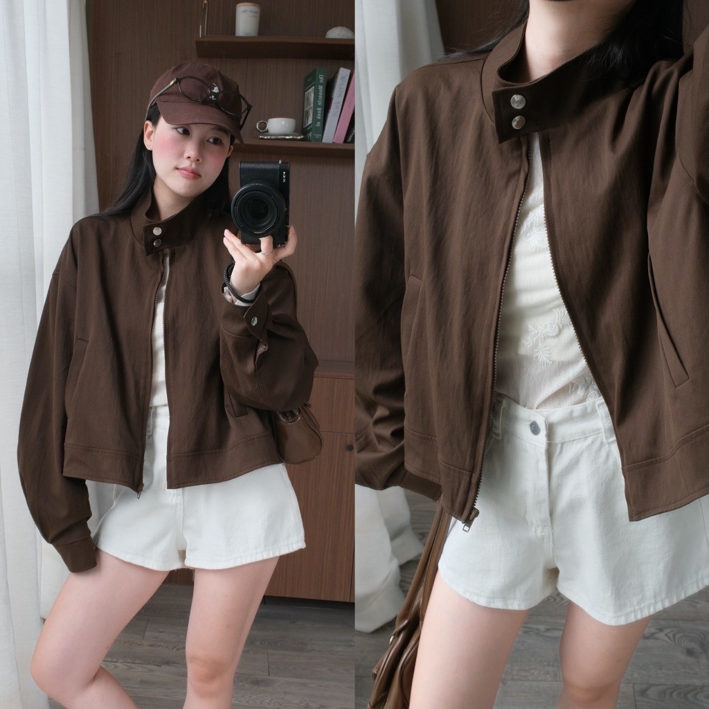 Arin Jacket (TSW) เสื้อแจ็คเก็ตสีกากีคอตั้ง 2 ปุ่มสําหรับผู้หญิง the.sweather