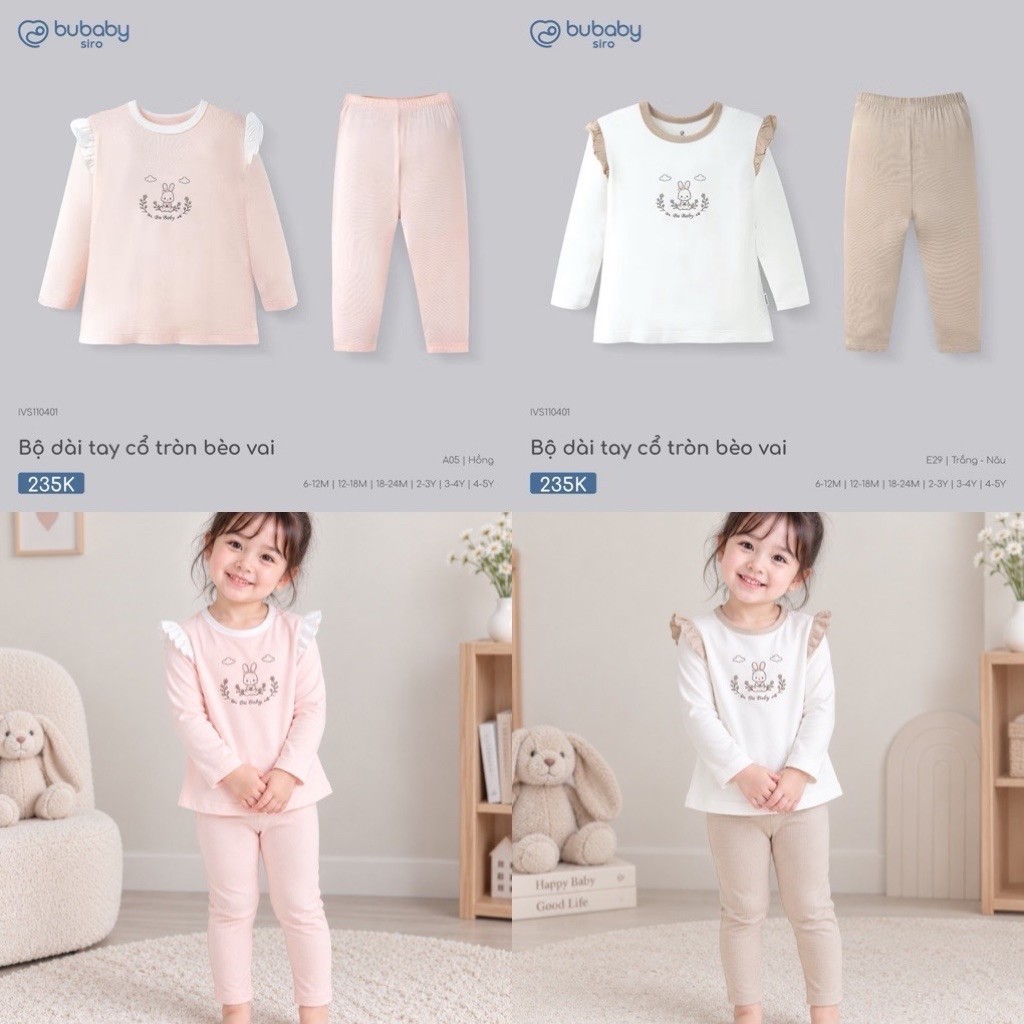 [BUBABY] ชุดไหล่จับจีบคอกลมแขนยาว Bubaby