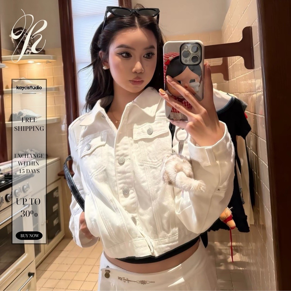 KAYCI.STU | WHITE JACKET - เสื้อครอปสีขาวขั้นพื้นฐาน jean JACKET ผ้ายีนส์สั้นสีเบจชานม | KAYCI.STU