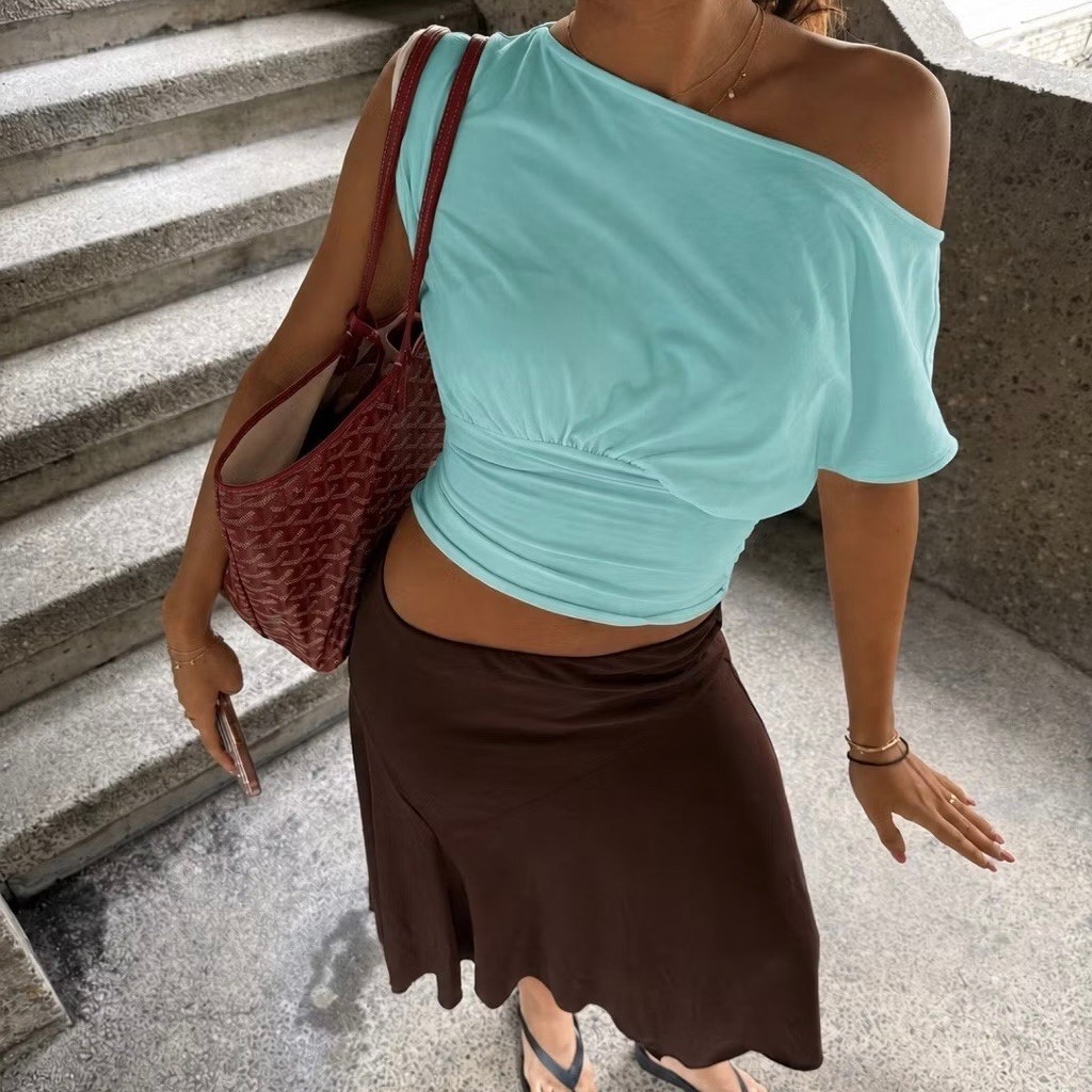 ฤดูร้อน Batwing Sleeve Off Shoulder Shirt by noco.label ฤดูร้อนสี Aqua Blue Stye Y2K Hot Trend 2026
