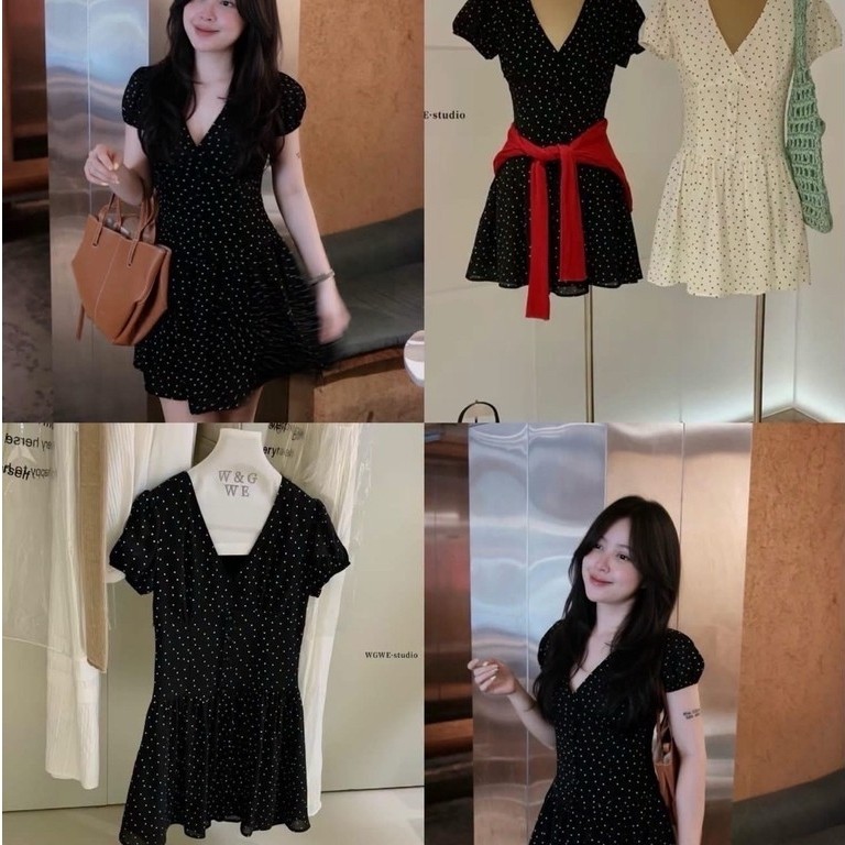 WGWE 10293 เดรสลายจุดสีดํา Flattering V Neck (แบบที่ 1) ชุดเดรสลายจุด ENEN น่ารัก