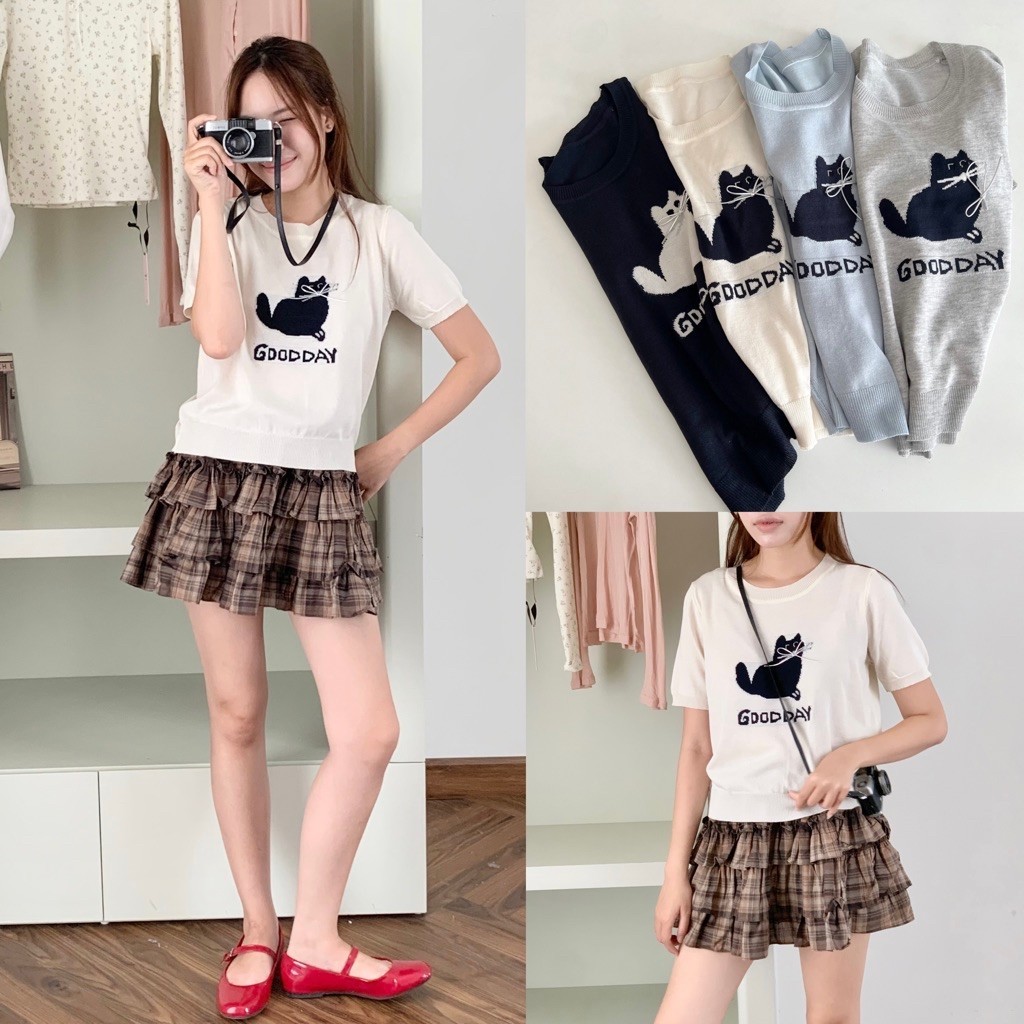 Zinnia/good day cat เสื้อเชิ้ตผ้าทอแขนสั้น 7323