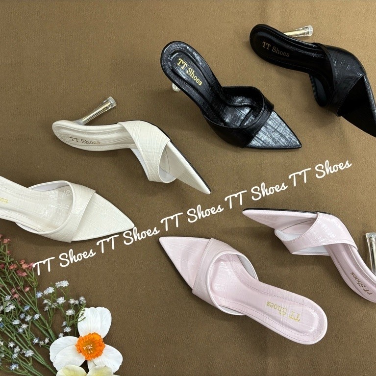 (ขนาดมาตรฐาน) mika รองเท้าแตะส้นสูง 8 ซม. หัวแหลม รุ่นแบนย่น TT Shoes dempka8pplain