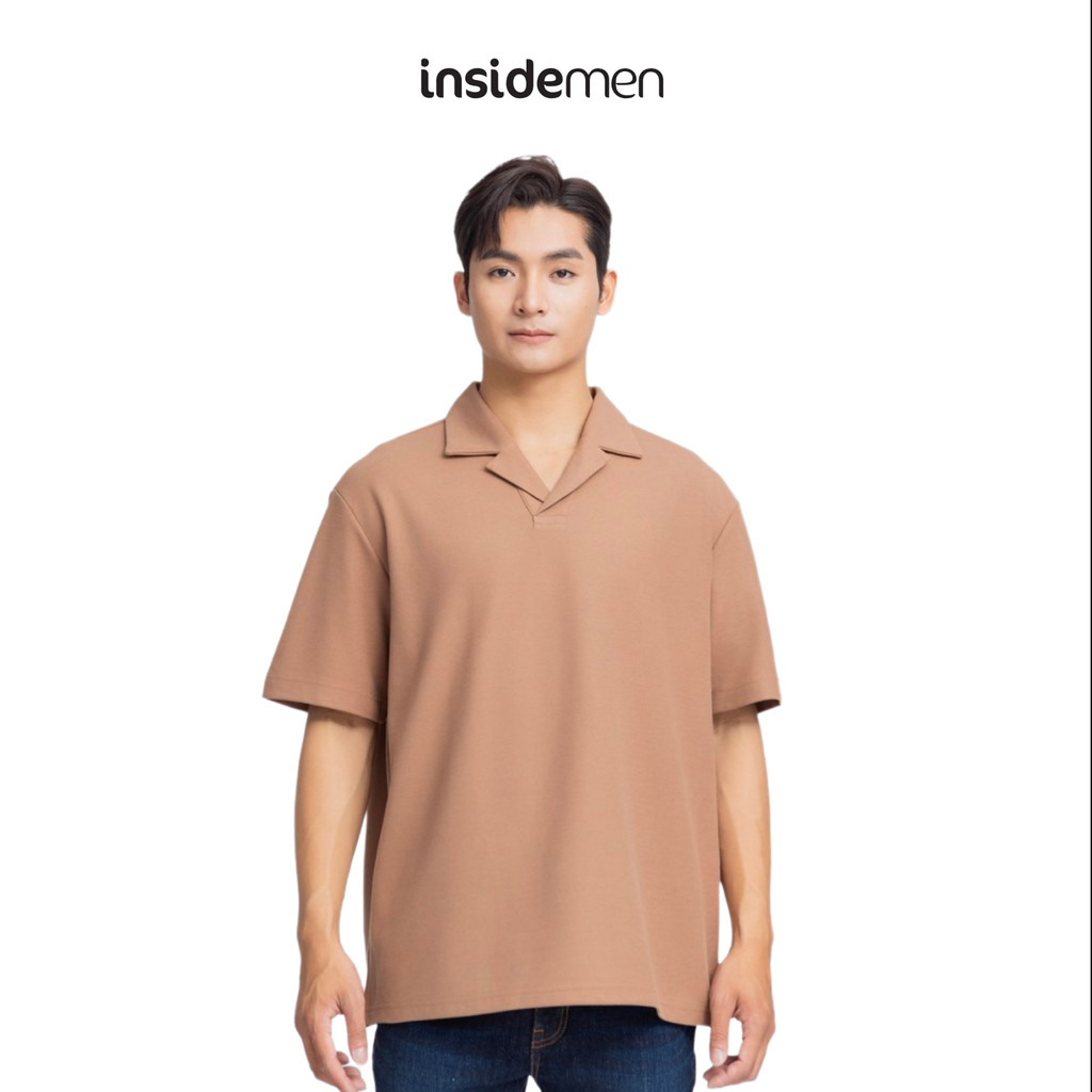 INSIDEMEN - เสื้อโปโล Unisex พร้อมคอปกเปิดลงในสีพื้นฐาน แขนหลวม หลายสี IPS089S3