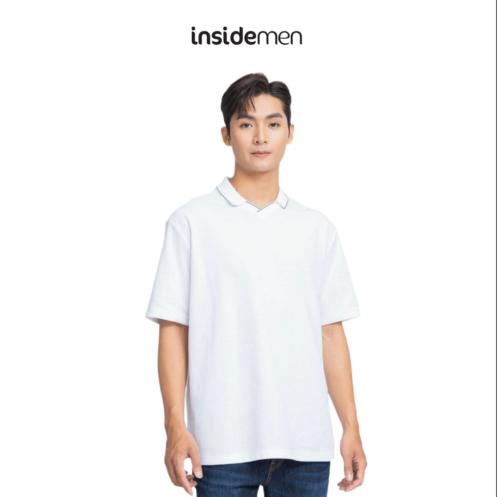 INSIDEMEN- เสื้อยืดแขนสั้นผู้ชายคอปกเยอรมันที่ไม่ซ้ํากันสไตล์เกาหลีทรงหลวมแขน IPS088S3