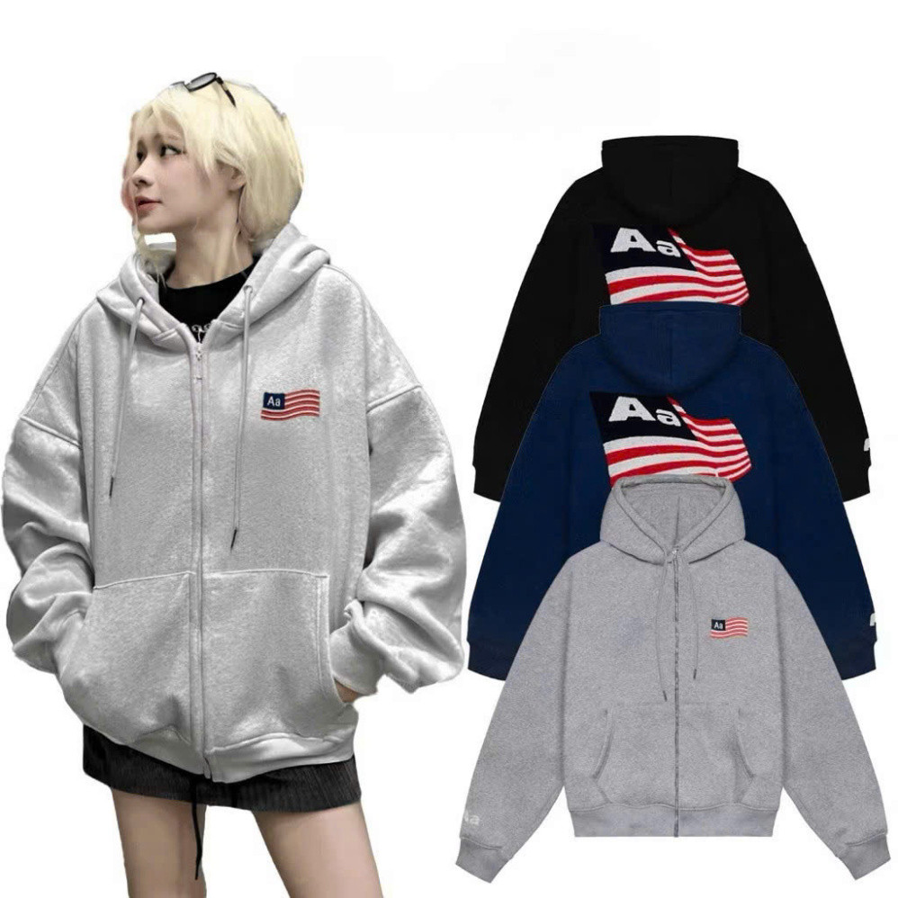 Aastu Zip Hoodie ปักธงชาติอเมริกันหลวม Boxy 2-Skin ขนแกะปัก Ruffled Classy Hot Trend แฟชั่น