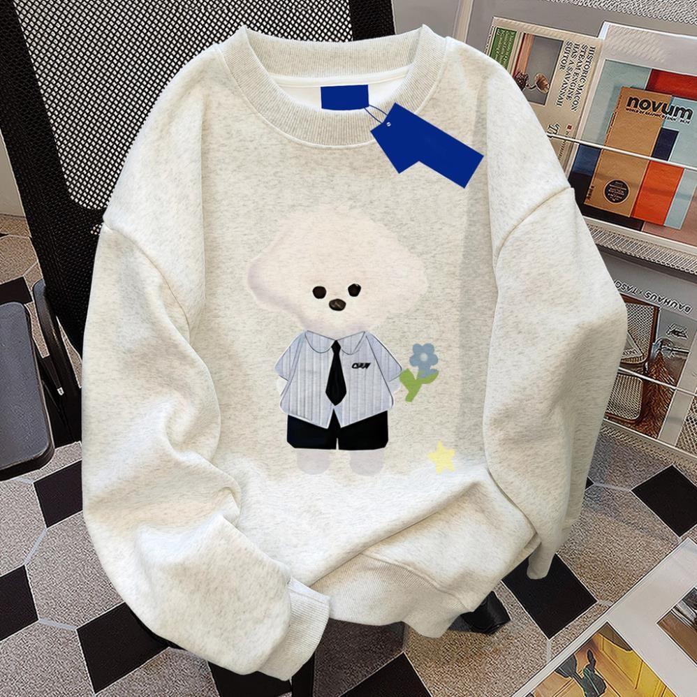 เสื้อกันหนาวหลวมผู้หญิงเกาหลีน่ารักพริกไทยสีเทาฤดูหนาวแขนยาวเสื้อสักหลาด DOG SHIRT A0P