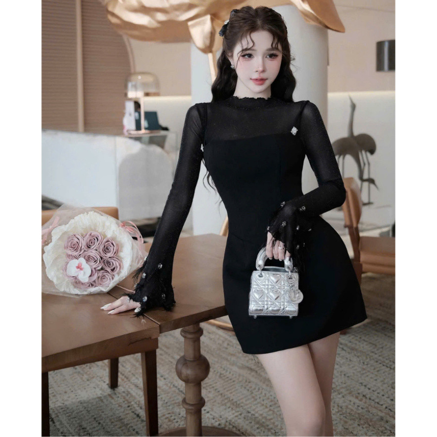 HIBEESTORE ชุดเสื้อแขนยาว + ชุดกระโปรงทรงเอ 2 สาย ชุดดีไซน์ประดับหินคุณภาพสูงสวยหรู VKS659