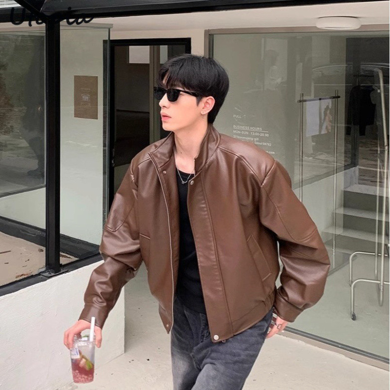 Utopia P59 Network Picture 1 Hy199 Leather Jacket สีน้ําตาลเข้ม M-2XL Street Boy 2025