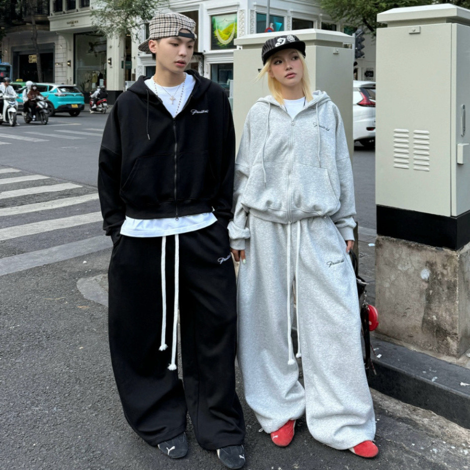 กางเกงผ้าฟลีซ PRIVATE CLUB UNISEX | สายรัดยาวเอวยางยืดขากว้างบุคลิกภาพสําหรับผู้ชายและผู้หญิงออกไปข้างนอกที่บ้านกลุ่มสวมใส่