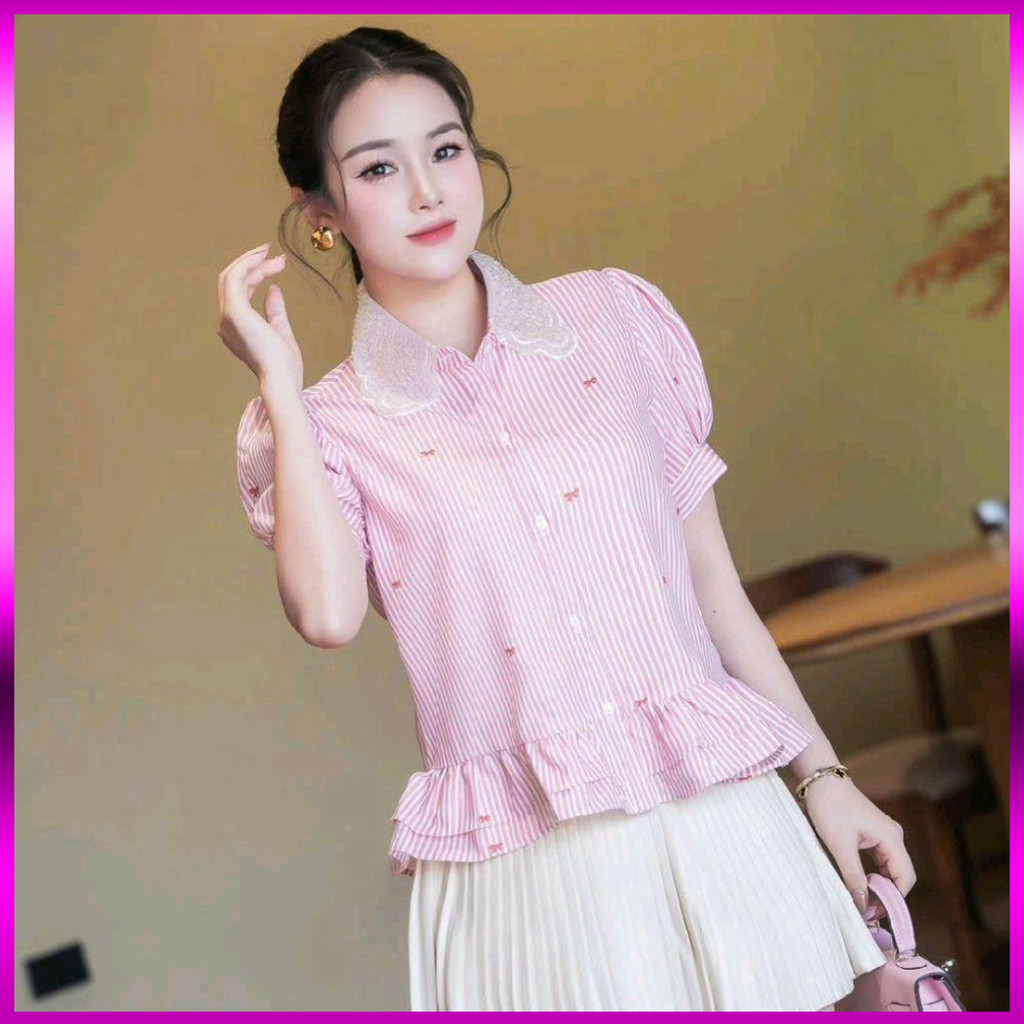 Stylized เสื้อเชิ้ตปกบัวลูกไม้ กุ๊นสั้น วัสดุเย็น เหมาะสําหรับหน้าร้อน-[MON SHOP2]