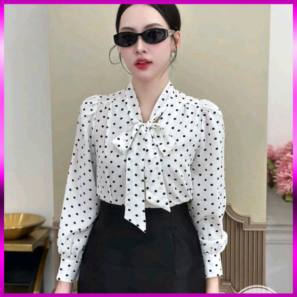 เสื้อออฟฟิศผู้หญิงคอปกโบว์ลายจุดแขนยาวแฟชั่น A351 สําหรับสไตล์เรียบหรูและมีเสน่ห์-[MON SHOP2]